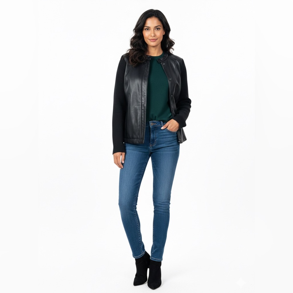 Charter Club Women’s Black Genuine Leather Front Knit Jacket Coat Size L